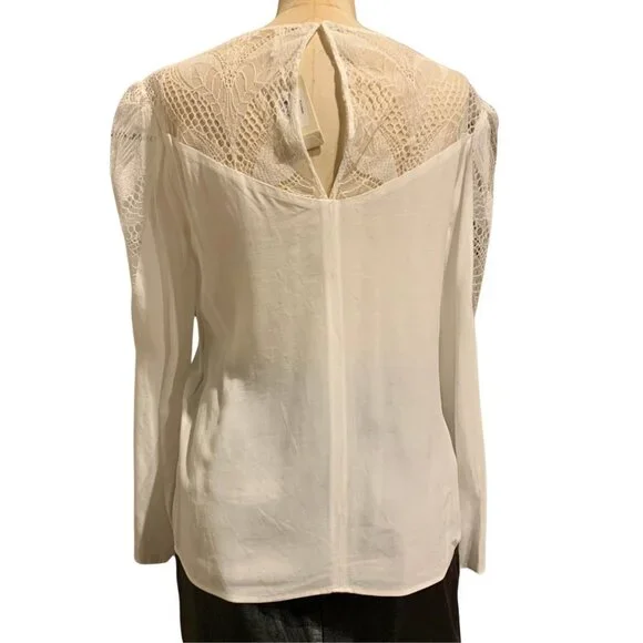 Maje Paris Leana Lace Insert Long Sleeve Off-White Silk Shirt - Picture 7 of 10